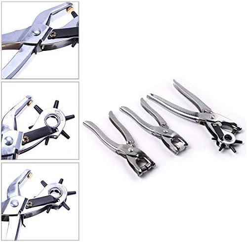 3 Piece Heavy Duty Hole Leather Belt Revolving Punch Kit Set Snap Pliers Tool for Belts, Saddles