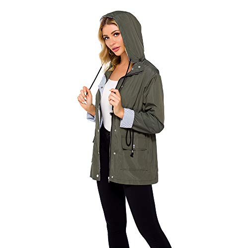 bedee Women's Raincoats Windbreaker Rain Jacket Waterproof Lightweight Outdoor Long Raincoat for Womens RainJackets Hooded Trench Coats Army Green