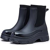 MELGONMG Fashion Rain Boots For Women’S Platform Waterproof Garden Booties With Elastic Band Comfort Rubber Non-Slip Slip-On Thick-Sole Outdoor Work Short Boots For All Seasons