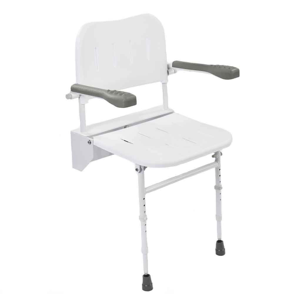 NRS Healthcare Wall Mounted Folding Shower Seat M53370 - with Legs, Back and Arms