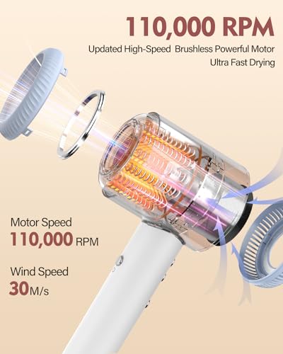 DEWILY Professional Ionic Hair Dryer - Fast Hair Dryer, High Speed Motor 110,000 RPM, Magnetic Diffuser and Concentrator