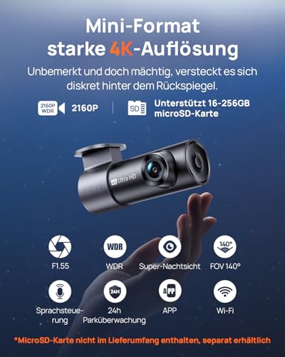 70mai M310 Plus 4K Car Front Dashcam, 2160P Mini Dash Cam with 360° Rotation, WiFi & G-Sensor, Super Night Vision & WDR, F1.55 Aperture, 24h Parking Monitoring, Loop Recording, Max. 256 GB