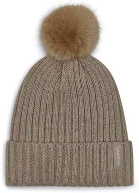 Calvin Klein faux fur pom-pom rib knit beanie hat Calvin Klein Knit Faux Fur Pom Pom Ski Beanie Winter Hat Cap  main image 4