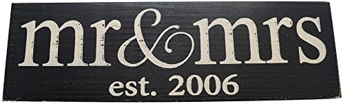 Mr &amp; Mrs Est. 20XX Anniversary Wood Sign ((Sm) Lowercase, 2006 Black)