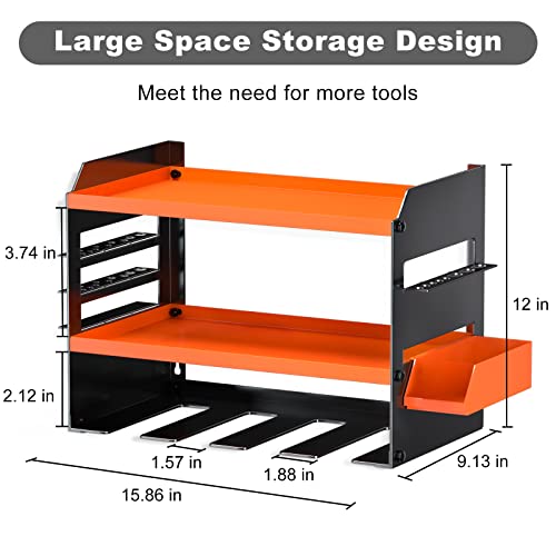 Power Tool Organizer Wall Mount - Heavy Duty Drill Holder with 4 Drill Storage Slots & 2 Large Capacity Compartments, Cordless Drill Storage Rack & Garage Drill Charging Station