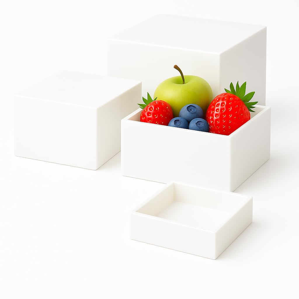 Photo 1 of YikeChai Buffet Risers 4-Pack – White Acrylic Cube Display Stands, Seamless Thick Acrylic Table Risers with Mini Sign Kit, Nesting Dessert, Party, Charcuterie & Retail Displays