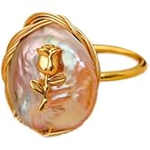 Kokoma Baroque Pearl Ring Vintage Oval Pearl Rose Floral Statement Finger Bands Geometry Disc Circle Adjustable Open Band Rings Jewelry for Women