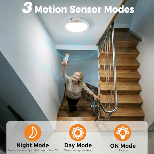 slochi Rechargeable Motion Sensor Ceiling Light, 8000mAh 5 Color Ceiling Lights Battery Operated Magnetic Wireless with Remote, Dimmable&Timer Sensor Lights for Hallway Cupboard Loft Garage-20CM