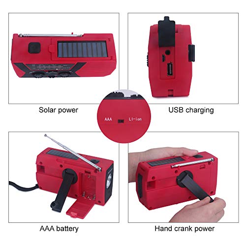 Portable Emergency Solar Weather Radio Hand Crank Self Powered AM/FM/NOAA Radios, with LED Flashlight, SOS Alarm, Reading Lamp and 2000mAh Power Bank for Emergency Earthquake Hurricane (Red) - Thumbnail 3
