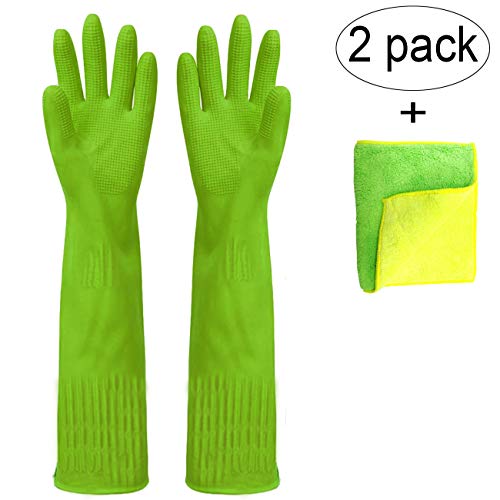 Malier Pack of 2 Pairs Rubber Cleaning Gloves, Extended Kitchen Dishwashing Gloves, Waterproof Reusable Household Cleaning Gloves with Cleaning Cloth (Medium, Green)