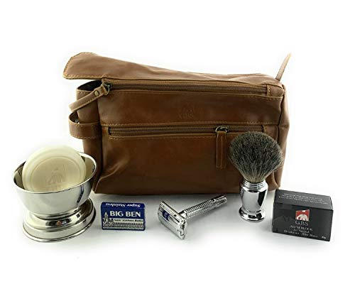G.B.S Men Deluxe Travelling Kit, Butterfly Double Edge Safety Razor, Chrome Shaving Brush, Soap Bowl, Natural Shaving Soap with Alum Block and Mesh Toiletry Bag