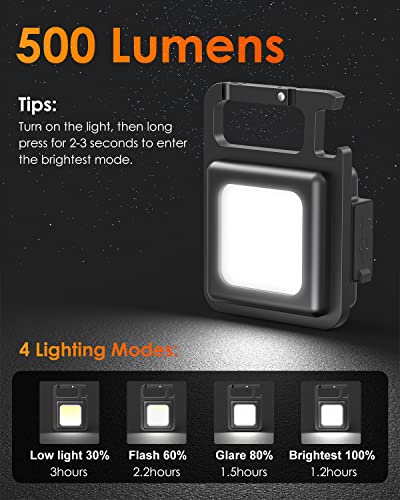 USUNDERY Mini COB Work Light, Rechargeable Keychain flashlights, 4 Lighting Modes with Folding Bracket Bottle Opener/ Magnet Base for Emergency Fishing Walking Camping at Night