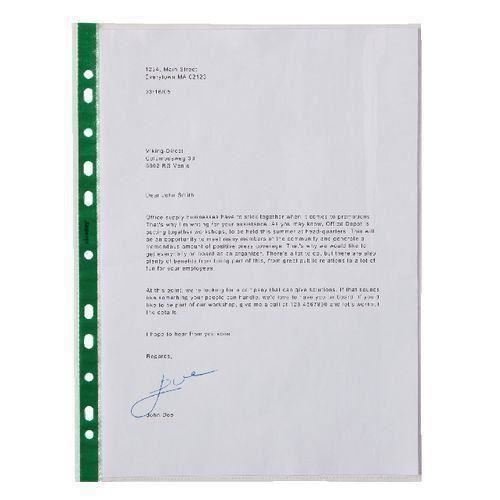 [- Niceday 500 Deluxe Glass Clear A4 Punched Pockets - Green Strip  -]