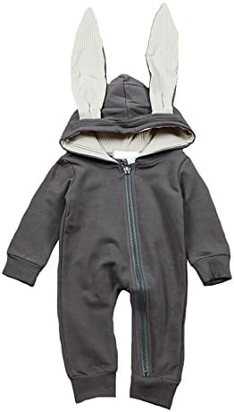 Newborn Unisex Baby Bunny Hoodie Zipper Jumpsuits One Piece Long Sleeve Hooded Romper Grey (0-3M)