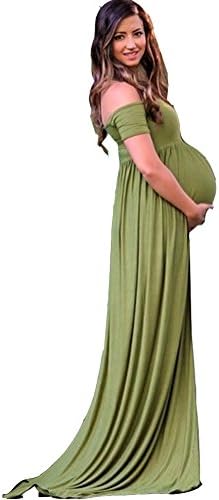 Women's Maternity Off Shoulder Long Sleeve Pregnancy Gown Cotton Maxi Photography Dress For Photo Shoot