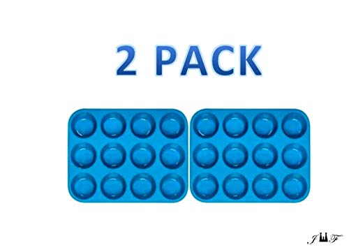 12 Cup Silicone Mini Muffins and Cupcake Baking Pan, Non-Stick Silicone Mold, Oven, Microwave, Dishwasher Safe 100% Silicon Bakeware Tin - Top Home Kitchen Rubber Tray & Mold (BLUE 2 PACK)