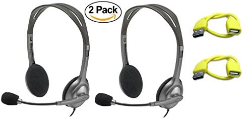 2 Pack of Logitech Stereo Headset H111 (981-000612) in Bulk Packaging Plus Bonus USB Extenders