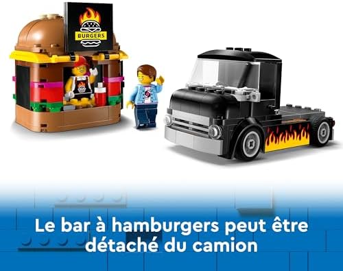 City Le Food-Truck de Burgers, Jouet de Camionnette, Cadeau pour Garçons et Filles de 5 Ans ou Plus, Jeu Imaginatif avec Camionnette et Cuisine, Minifigurines de Vendeuse 60404