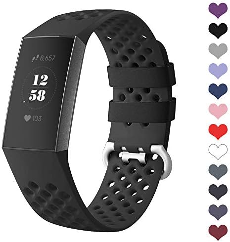 DEKER Sport Bands Compatible for Fitbit Charge 3 Bands Charge 3 SE Fitness Tracker Women Men, Breathable Holes Silicone Smart Watch Strap Small Large Accessories Wristbands (Black, Large)