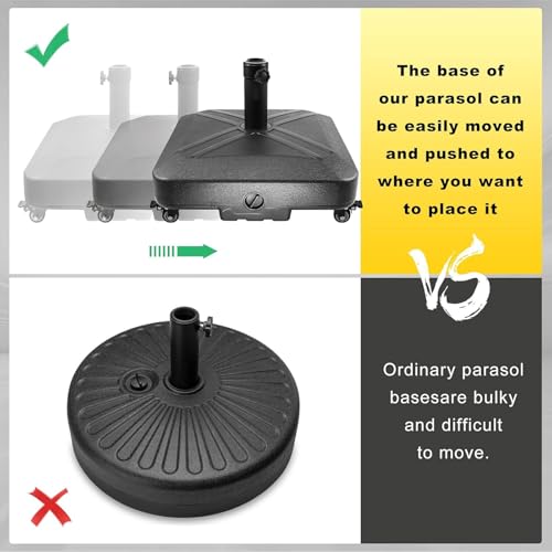 Homodoskey Patio Umbrella Base with Wheels, 125 lbs Capacity Umbrella Stand Base Heavy Duty For Outdoor Patio Deck Poolside Garden Beach, Fillable with Sand or Water, 48 * 48 * 39Cm Black