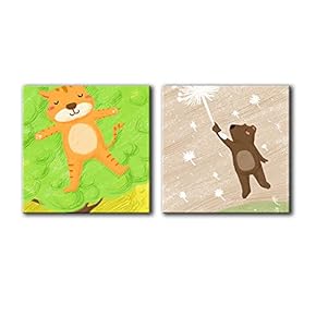 Square Canvas Wall Art of Children Painting Resting Cat and Dadelion Mouse | 12"x12" x 2 Panels