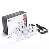 SunlitLife Reinforced Plastic Chinese Cupping Set with Vacuum Suction Pump and Extension Hose, English Manual. TCM Massage Therapy - 12 cups