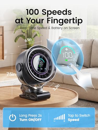 OpenBay Clip on Fan, Rechargeable USB Fan with Sturdy Clamp, LED Display, 100 Speeds, 3000mAh Battery, 360° Rotation, 5.5 Inch Portable Fan for Stroller Bed Camping Treadmill Car Black