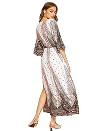 DIDK Vestido de manga corta con estampado floral bohemio, cuello en V, para mujer