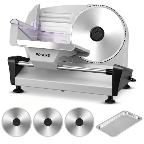 FOHERE Cortadora de Fiambre 250W, Cortadora de Carne y Pan con Cuchillas Serradas y Lisas de 19cm, Espesor Ajustable 0–15mm, Bloqueo de Seguridad, Pies Antideslizantes, Fácil de Limpiar