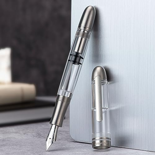 Asvine P36 Titanium Fountain Pen Clear Transparent Acrylic Piston Filling Pen, Bock Broad Nib Smooth Writing Pen Case Set