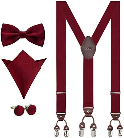 Men Braces 3.5cm Y Shape Adjustable Heavy Duty Men Trouser Braces with Bow Tie,Pocket Square&Cufflink