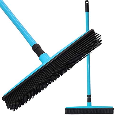Rubber Broom - with Squeegee and Adjustable Long Handle, Push Broom Carpet Broom, Multi-Surface and Pet Hair Removal (blue)