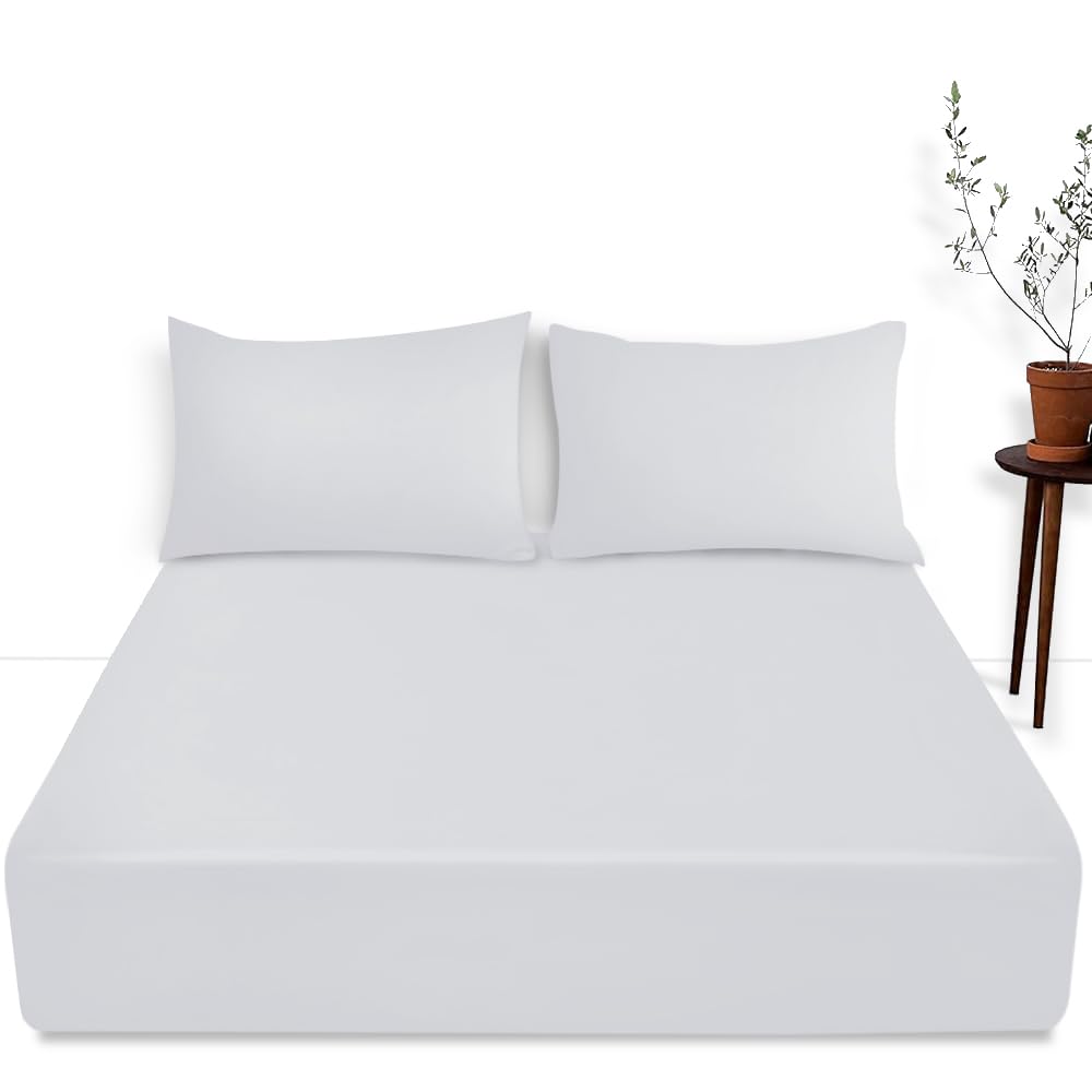Easy Care Plain Dyed Fitted Bed Sheet - 16” / 40 cm Deep Pocket Bedsheet With Elastic Corners - Breathable & Comfy Bedding Sheet White, Single