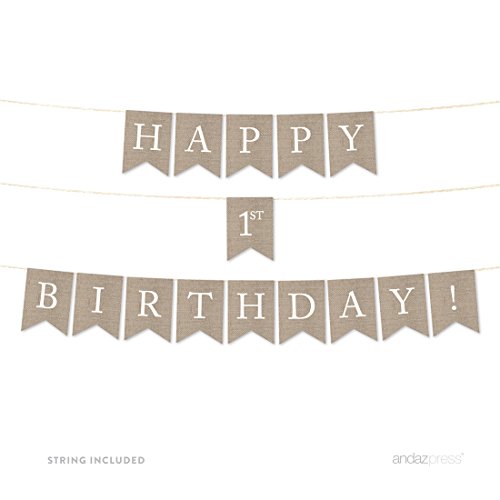 Andaz Press Hanging Bunting Pennant Party Banner with String, Printed Burlap Cardstock, Not Burlap Fabric, Happy 1st Birthday!, 6-Feet, 1-Set, Includes String, Not Burlap Fabric