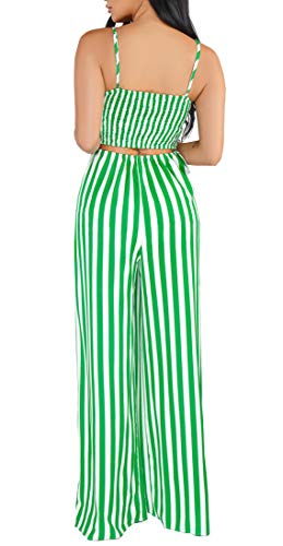 shekiss Womens Sexy Spaghetti Strap Striped Jumpsuits Tie Bowknot Loose Long Pants Casual Summer Rompers Green - Thumbnail 2