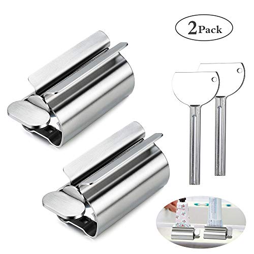 4 Pcs Toothpaste Squeezer - 2 in 1 Toothpaste Dispenser Key and Toothpaste Tube Squeezer Rollers, Metal Toothpaste Tube Wringer Seat Holder Stand by INTSUN