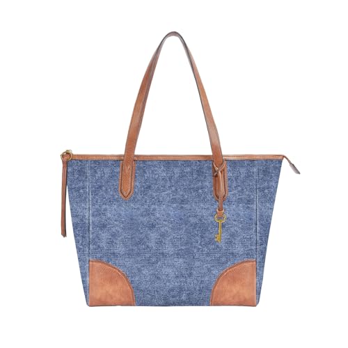 BRASS TACKS Leathercraft Women's Tote Bag Denim Style & Leather Handbag for Women 16L Large Capacity Travel Purses Ladies Shoulder Bags, Blue &Brown at Amazon