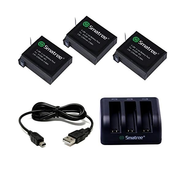 Smatree 1290mAh Ersatzakku (3er-Pack), 3-Kanal-Ladegerät mit USB-Kabel für Gopro Hero 4-Kamera…