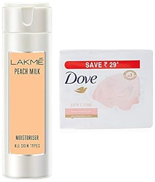 Lakme Peach Milk Moisturizer Body Lotion 200 ml & Dove Pink Rosa Beauty Bathing Bar, 100g (Pack of 3)