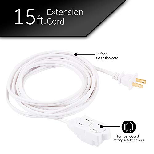 GE 15 ft Extension Cord, 3 Outlet Power Strip, 2 Prong, 16 Gauge, Twist-to-Close Safety Outlet Cover - //coolthings.us