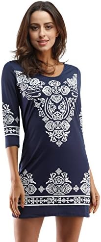 Women Casual 7 Point Sleeve Scoop Neck Heart Print Black Dress MidnightBlue S