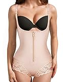 SHAPERX Camellias Women's Faja Full Body Shaper Open Bust Firm Control Bodysuit Shapewear with Lace Thong and Zipper, SZ20171-Beige-M