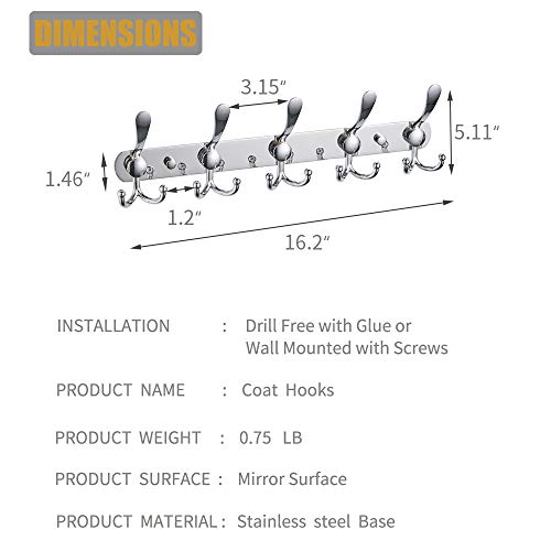 BESy Wall Mounted Coat Hooks Self Adhesive Clothes Robe Hat Rack Rail with 15 Hooks for Bathroom Kitchen Office, Drill Free with Glue or Wall Mount with Screws, Chrome Plated, 2 Packs - Thumbnail 4