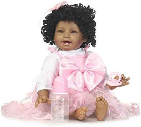 Seedollia Black Reborn Baby Dolls Girls African American Toddler in Pink Dress Smile 22 inch