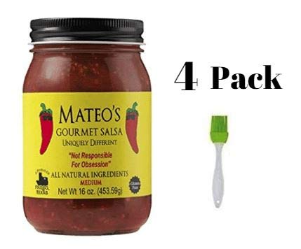 Mateo's Gourmet Salsa, Medium 16 Ounce (Pack of 4) Bundled with a Silicone Basting Brush in a Prime Time Direct Sealed Bag