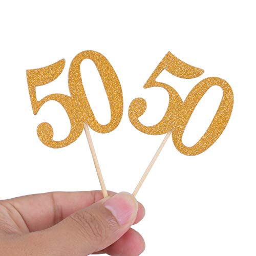 Donoter 50pcs 50th Cupcake Toppers Gold Glitter Number 50 Cake Picks for Birthday Anniversary Party Decoration