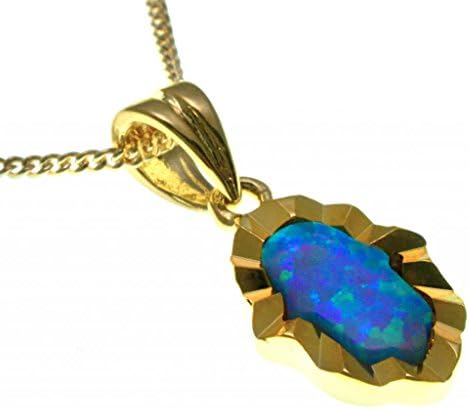 Gold Filled Hamsa Necklace with Synthetic Blue Opal Pendant - 0.4x0.3" Pendant with 18" Chain - Nanostyle Jewelry