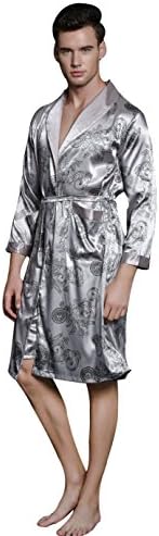 SexyTown Long Satin Lounge Print Bathrobe Men's Charmeuse Sleepwear with Pockets
