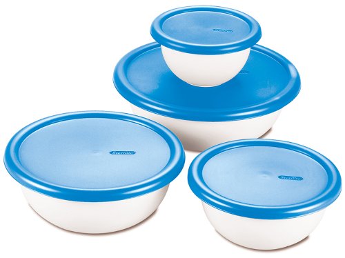 Sterilite 07479406 8 Piece Covered Bowl Set, White & Blue