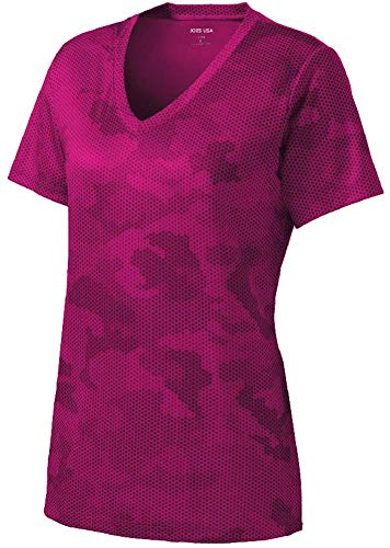 Joe's USA - Ladies CamoHex V-Neck All Sport Moisture Wicking Shirt-XL-Pink